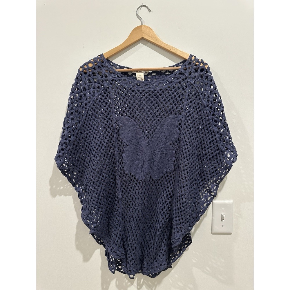Indigo Thread Co Womens XS Small Crochet Navy Blue Butterfly Round Hem Sweater